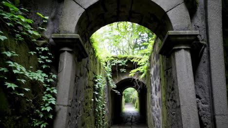 ancient stone archway tunnel with moss-covered walls