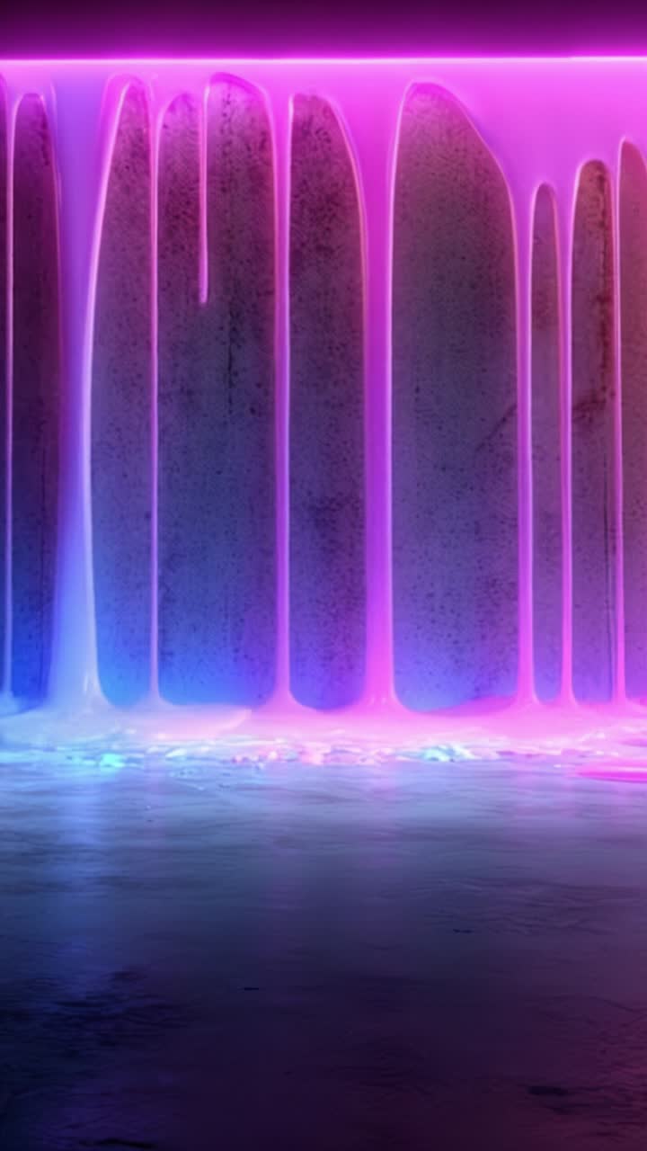 A Stunning Gradient of Neon Colors on Concrete Walls, Focused on Vibrant Drips of Paint Catching the Eye with Beautiful Light Reflections Below