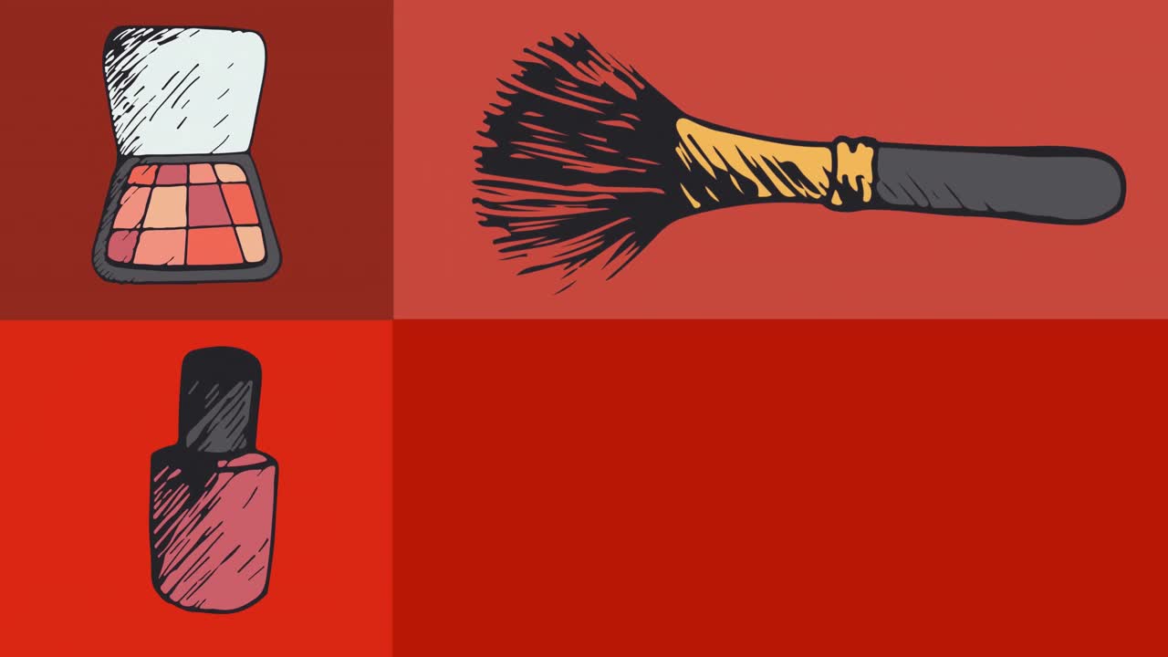 Animation af makeup-produkter på røde rektangler med plads til tekst, på lilla baggrund