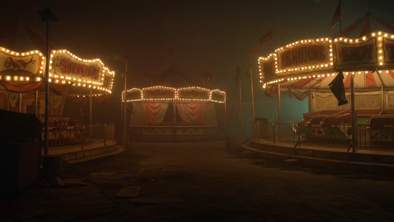 A Spooky Carnival at Night: A Mysterious Scene of Abandoned Rides and Dim Lights Creating an Eerie Atmosphere at an Uninviting Fairground