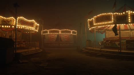 a spooky carnival at night: a mysterious scene of abandoned rides and dim lights creating an eerie atmosphere at an uninviting fairground