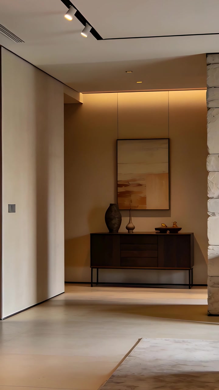 Video verticale: Panoramica verso destra, la telecamera rivela una consolle d'ingresso in casa, mostrando una credenza e un vaso.