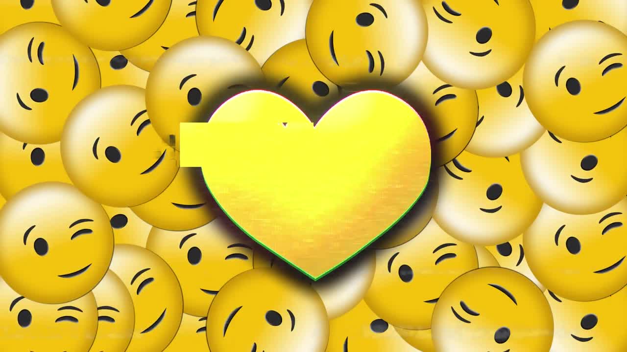 animación digital del efecto glitch sobre el icono amarillo del corazón roto contra múltiples emoji de cara parpadeante