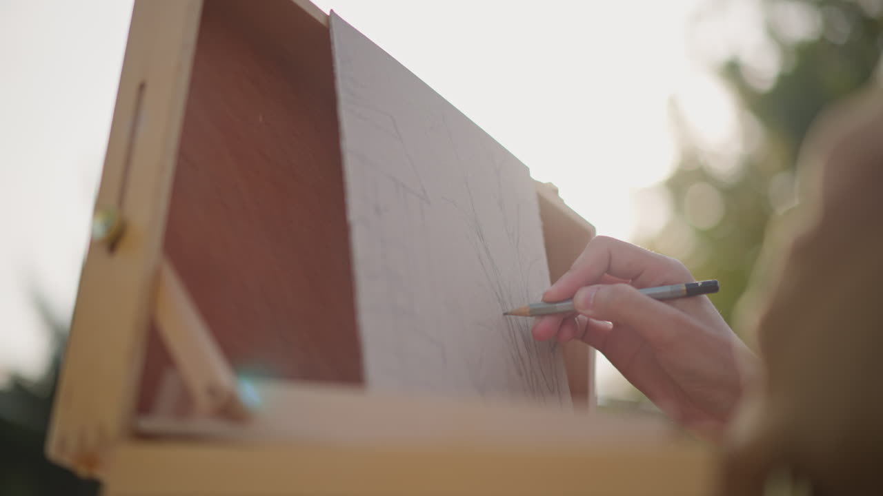 artista di strada all'aperto che realizza schizzi su area di lavoro, primo piano sulla mano che traccia le linee iniziali a matita sulla superficie preparata, cavalletto sul marciapiede, calda retroilluminazione e riverbero dell'obiettivo, bokeh delicato del fogliame urbano, rilassato