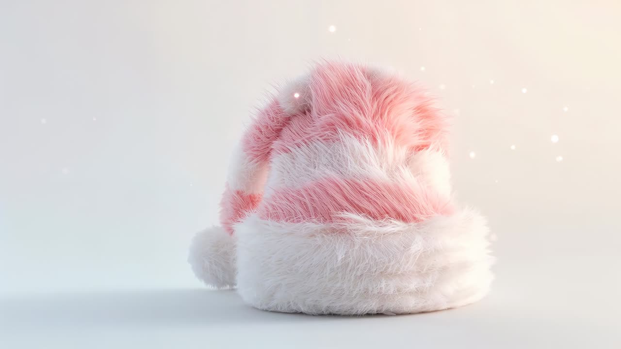 Zooming camera pushing in on fluffy pink-white hat at studio, revealing pompom, light sparkles