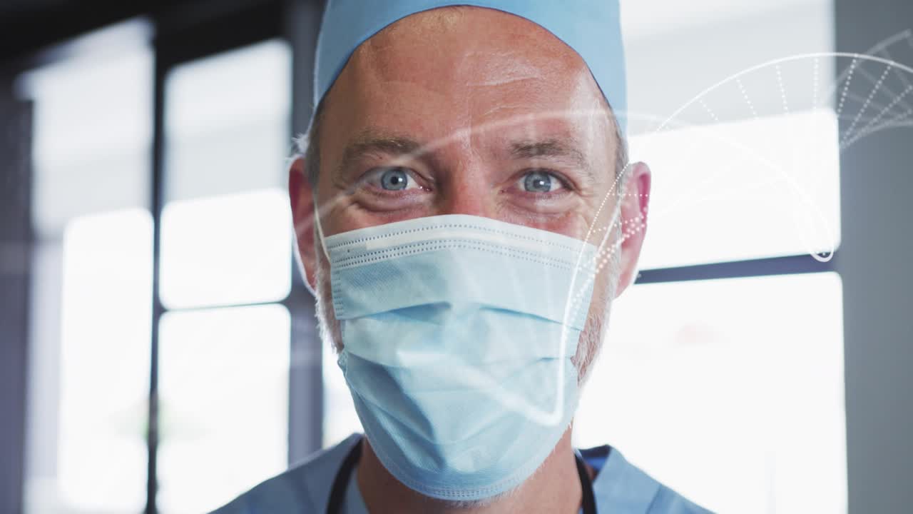 Male doctor leaning in by grid window particles forming data lines across mask for diagnostics