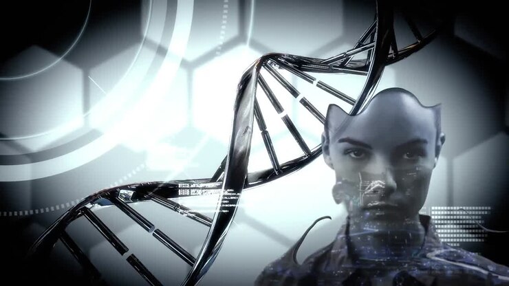 Animazione di una doppia elica di DNA 3D che ruota e elaborazione dati su volto femminile liquido.