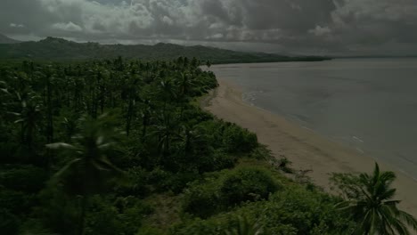 Beach,-calm-sea-and-woodlands-in-the-Philippines,-fast-aerial-pull-out