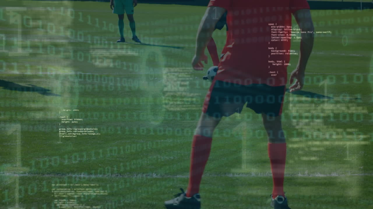 다양한 남성 축구 선수들이 플레이하는 데이터 처리의 애니메이션