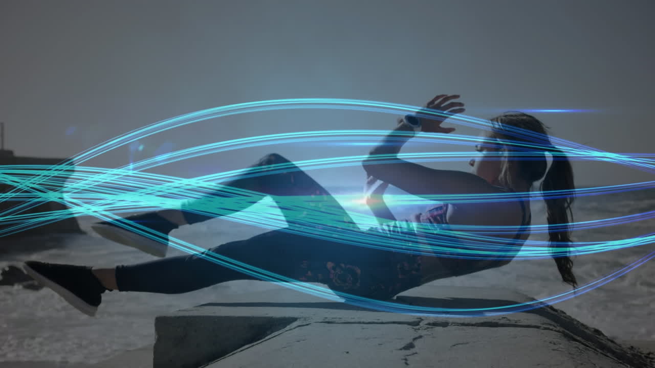 animación de la red de conexiones sobre mujeres que hacen ejercicio al aire libre