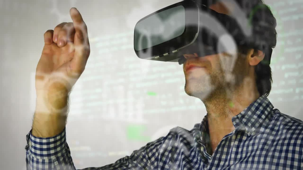 animación de iconos de las redes sociales sobre hombre de raza mixta que usa auriculares vr