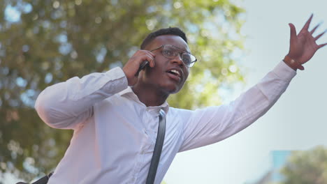 Phone-call,-black-man-and-stop-taxi-in-city