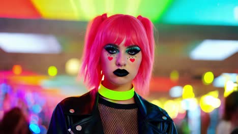 woman in pink hair with neon makeup