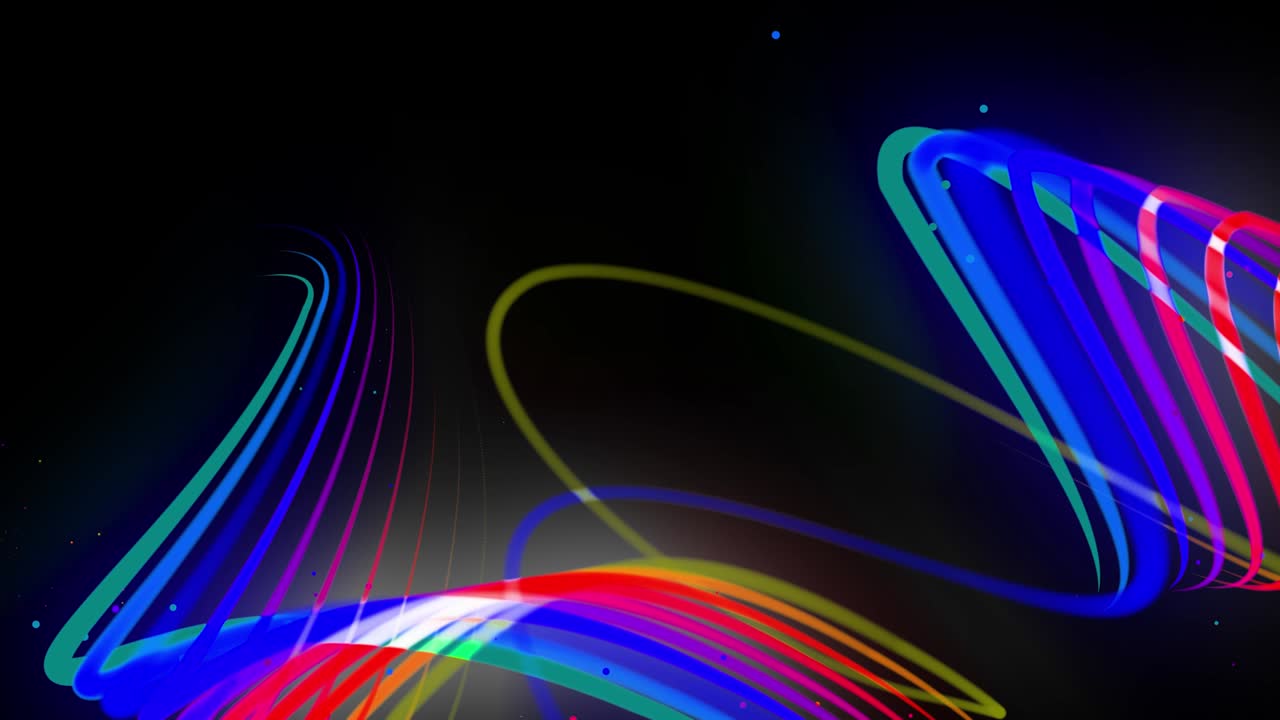다채로운 네온 라인이 공중에 날아다니며 부드럽게 진동하고 파동합니다. 라인의 색은 순환적으로 변합니다. 3d 추상 루프 4k 배경, 알파 채널로 루마 매트.