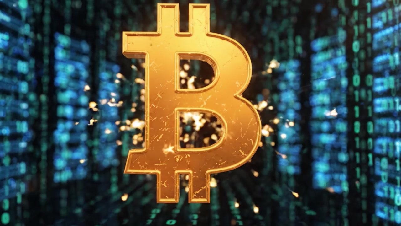 Explorando o Surgimento das Criptomoedas: Símbolo do Bitcoin Contra um Fundo de Matriz Digital Significando Inovação Financeira Moderna e Avanço Tecnológico