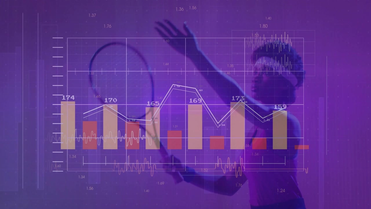 Atleta che esegue un colpo di dritto mentre grafici animati mostrano metriche di potenza massima per la tecnologia fitness.