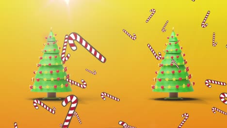 animación de cañas de caramelo cayendo sobre árboles de navidad sobre un fondo amarillo.