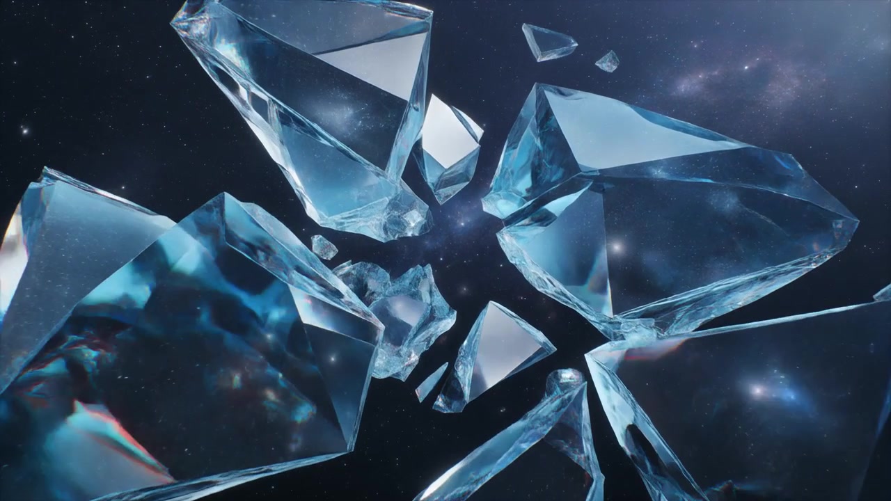 Frammenti fluttuanti di cristallo blu nello spazio profondo