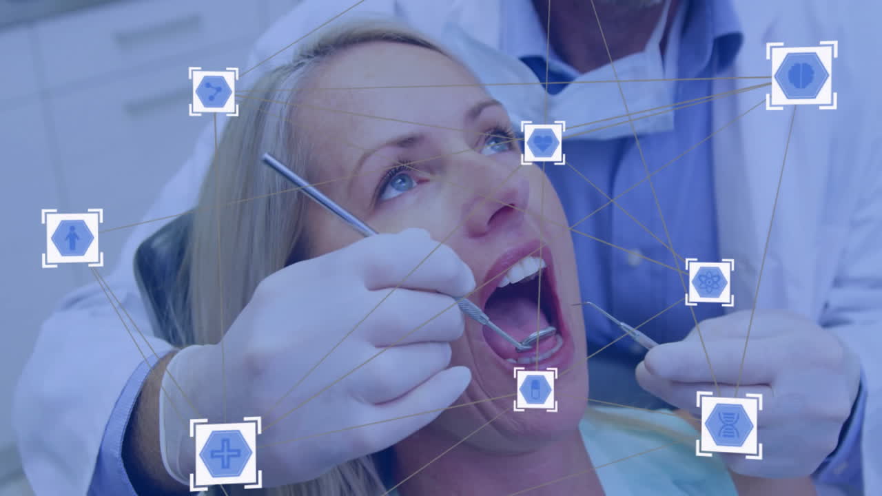 animación de examen dental sobre el paciente con íconos médicos y conexiones de red