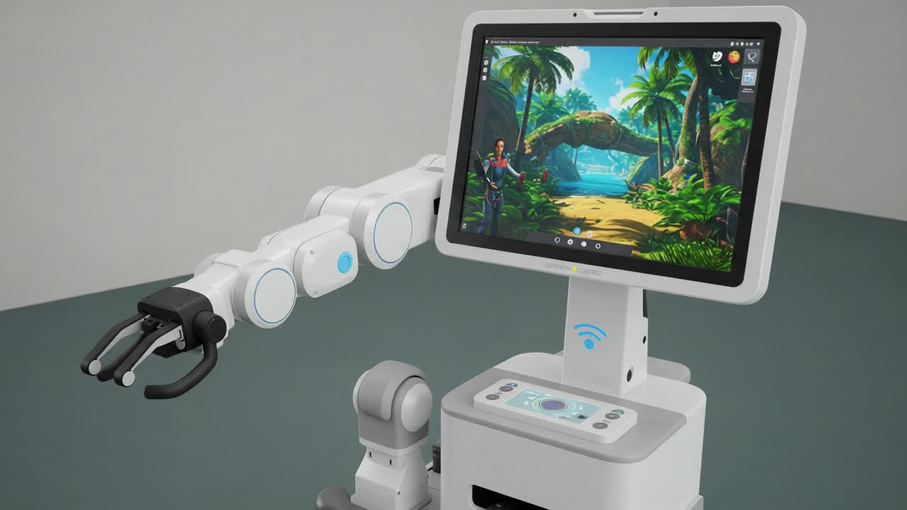 Innovative Robotic Arm Technology Showcasing an Interactive Display in a Tropical Landscape Setting for Enhanced User Experience and Engagement