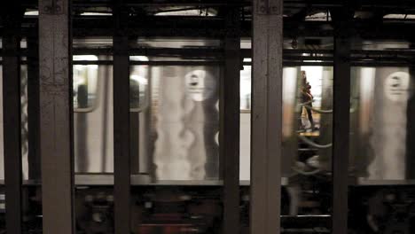 New York Subway USA. Detail of Train Moving on Track at Station Platform