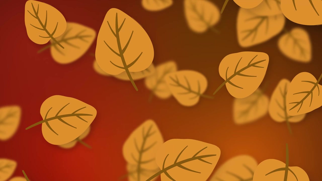 Playful orange leaves drift downward over a soft red and orange mesh gradient background.