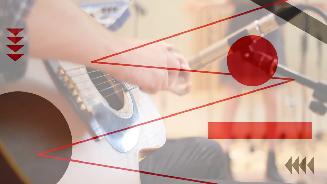 guitarist playing acoustic guitar in music studio, featuring red geometric overlay animations