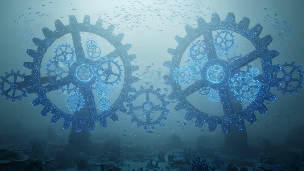 A Stunning Underwater Scene Featuring Giant Gears Surrounded by Vibrant Marine Life, Merging Technology with Nature in a Mesmerizing Aquatic Environment