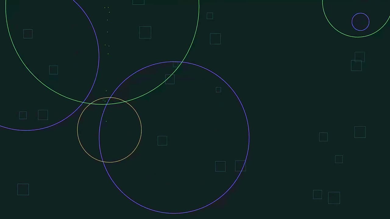 Dynamic Animation of Colorful Circles and Squares on Dark Background