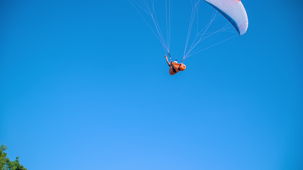 Extreme sport paraglider slide over forest , colourful canopy, blue sky