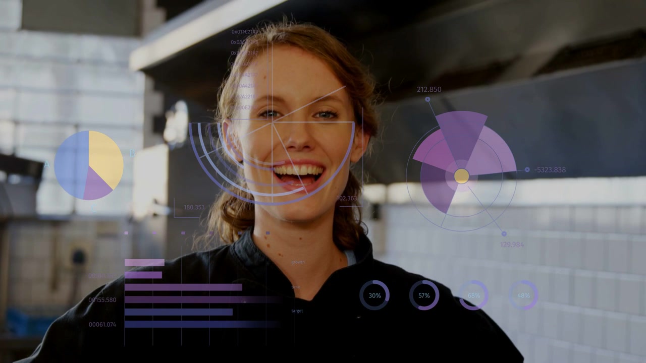 Chef leaning in as camera moving closer causing rotating purple HUD charts showing kitchen metrics
