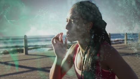 ondas digitales verdes contra la cansada mujer afroamericana en forma en el paseo marítimo