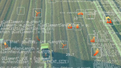 animation of digital icons and data processing over field