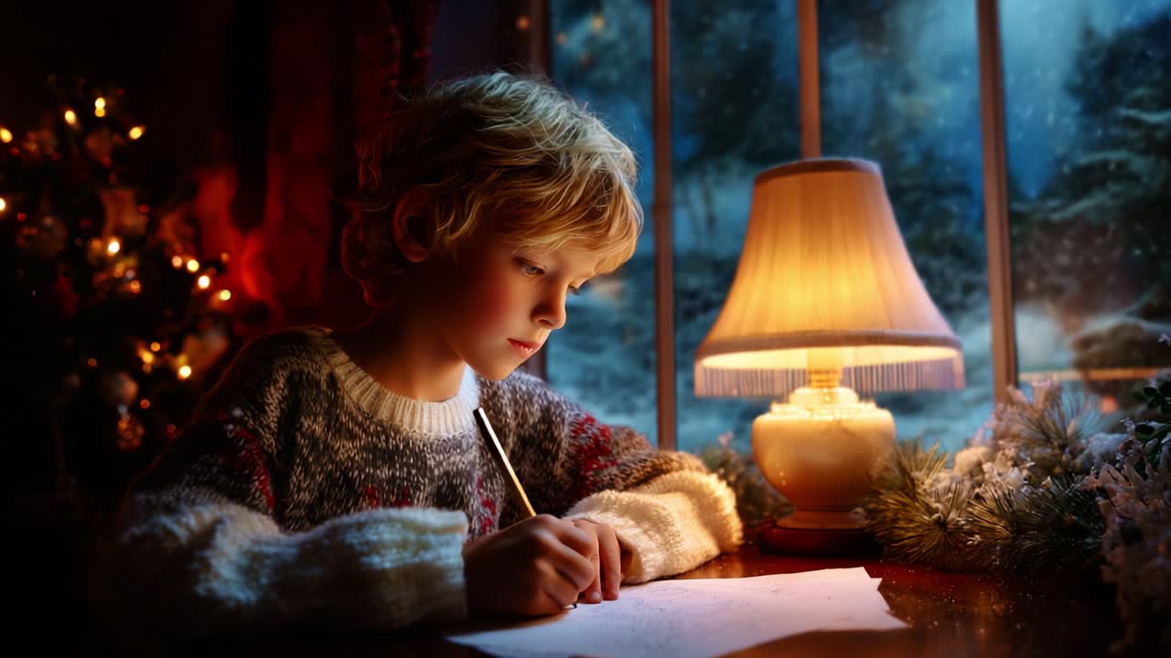 A Young Child Writing a Letter by the Window During the Holiday Season, Surrounded by a Cozy Atmosphere with Warm Lighting, Christmas Decorations, and a Frosted Winter Landscape Outside