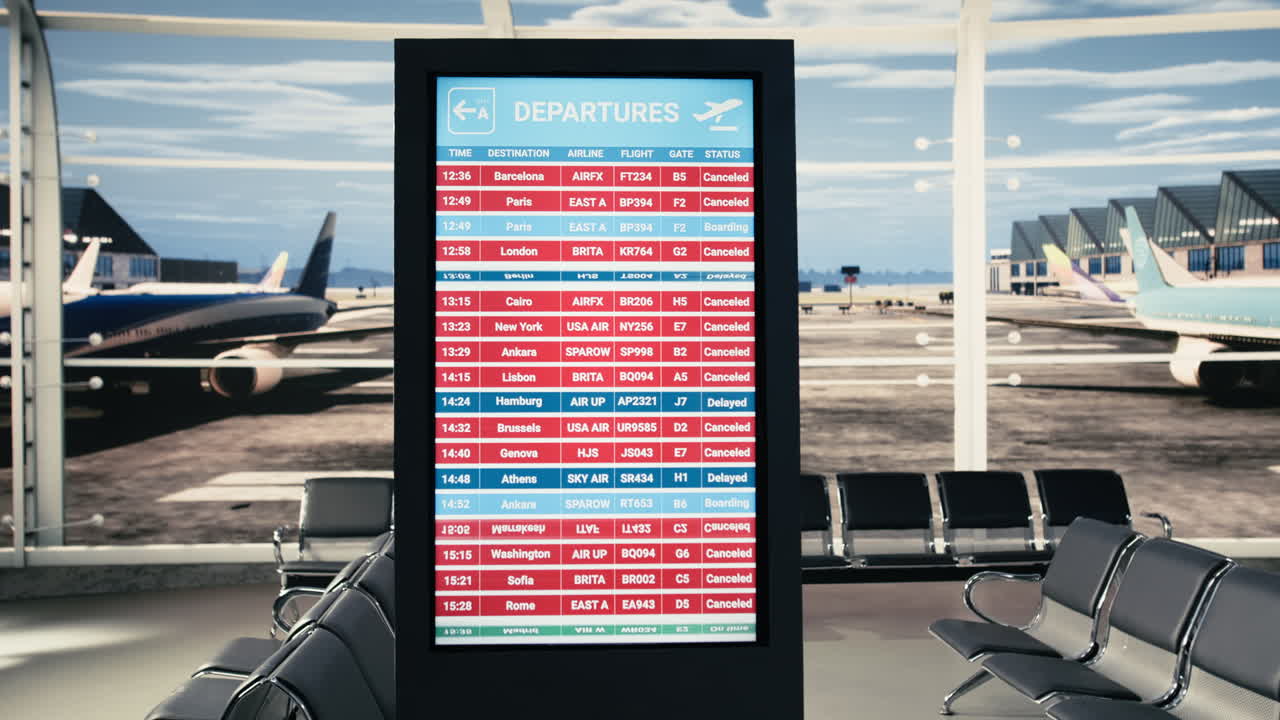Múltiples vuelos cancelados en la pantalla informativa, enfatizando el caos en los viajes.