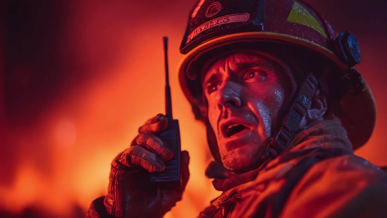 En målbevisst brannmann kommuniserer under en farlig brann, hvor hans intense fokus og mot er tydelig midt i den flammende bakgrunnen, og viser frem førstelinjerespondentenes tapperhet.