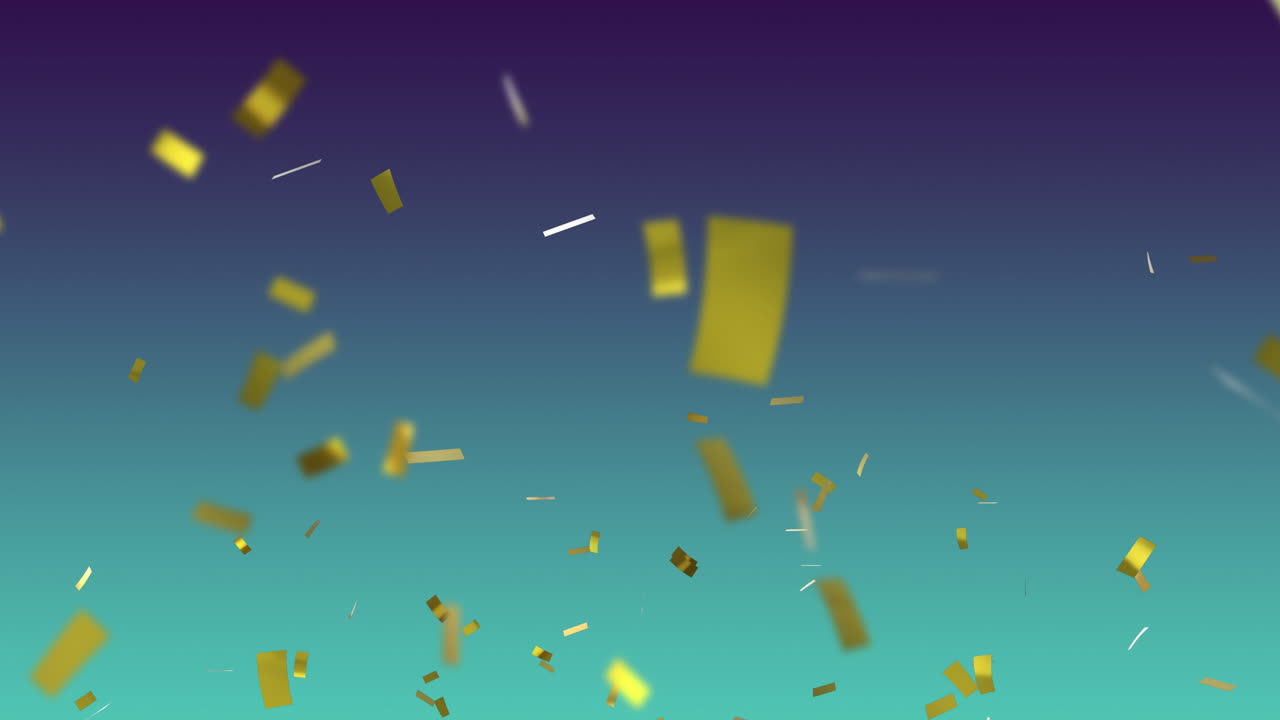 Animasi confetti berjatuhan di atas latar belakang gradien biru