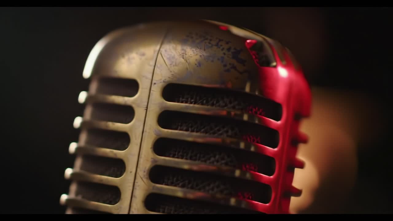 Dynamic Close-Up Shots of a Vintage Microphone Capturing the Essence of Sound and Performance in a Dimly Lit Setting, Perfect for Musical Inspiration