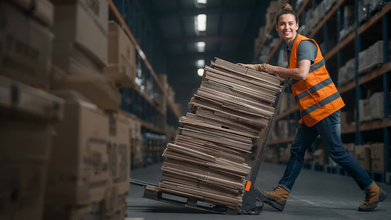 Tilting worker in orange vest steadying and pushing dolly down warehouse aisle, moving cardboard