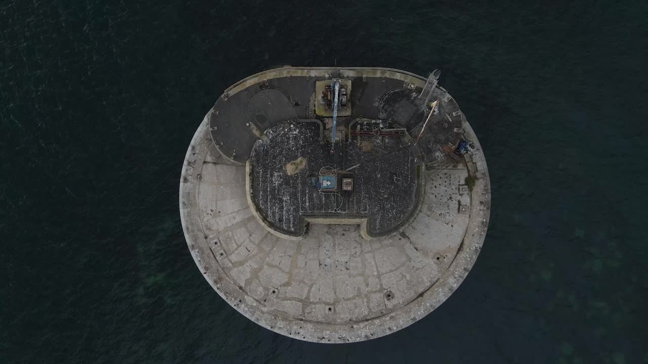 Aerial view St Helens Fort, sea fort in the Solent close to the Isle of Wight, was built as result of the Royal Commission on the Defence of the United Kingdom of 1859, drone ascending over the fort