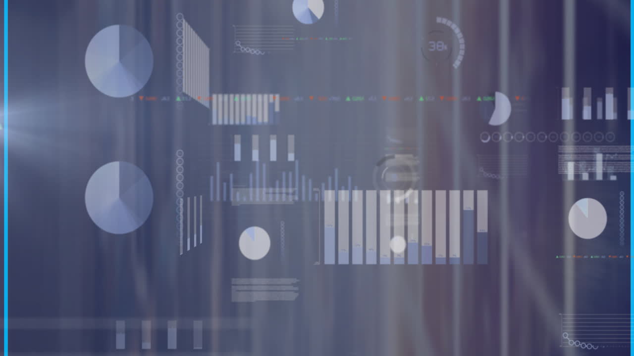 Animating data analytics and visualization with charts and graphs on blue background