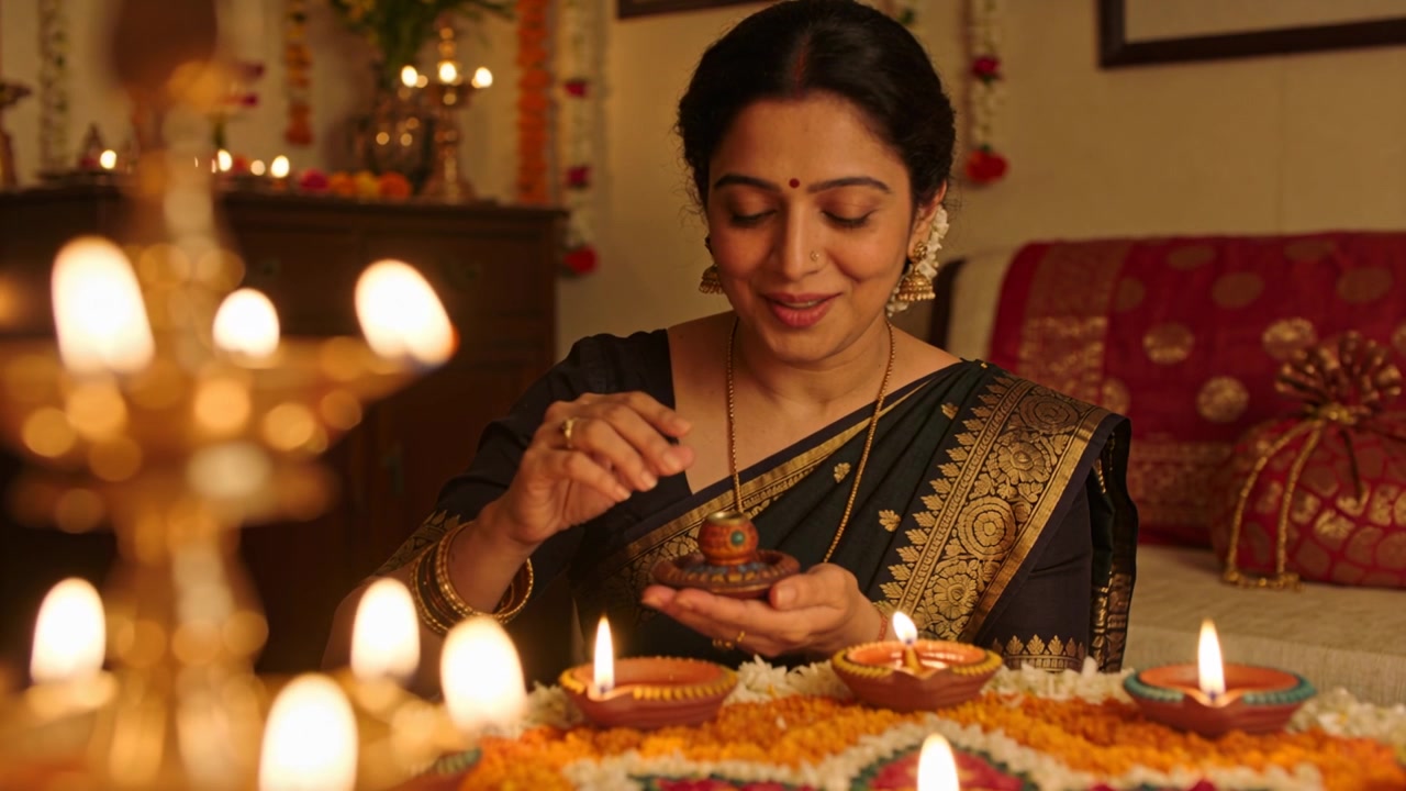 Lighting woman in saree taking flame from deepam adjusting wick placing diya on rangoli home ritual
