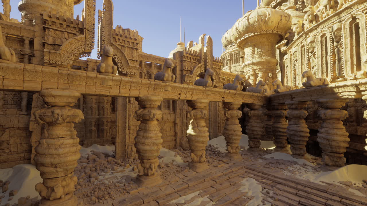 Ancient architecture reveals intricate details under bright sunlight