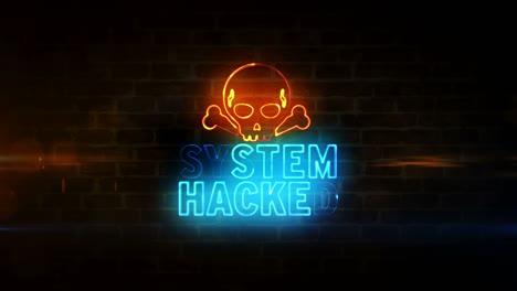 system hacked alert with skull symbol neon on brick wall