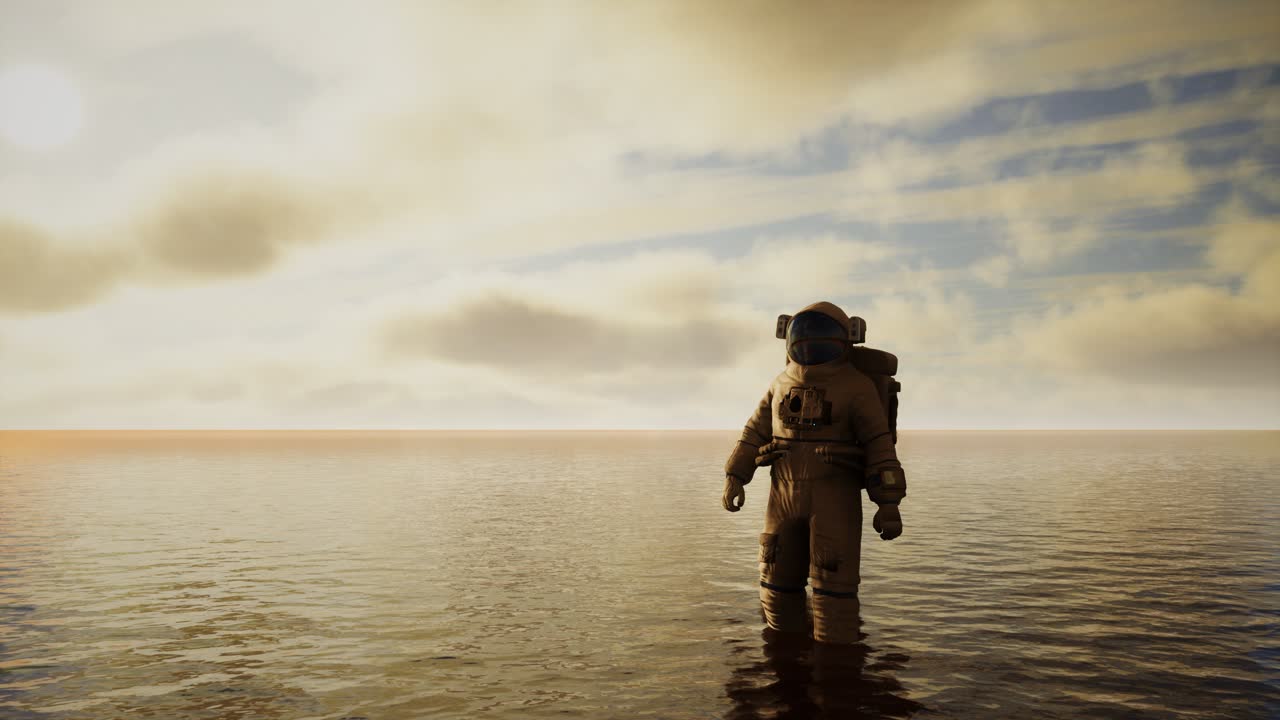Spaceman in the sea under clouds at sunset