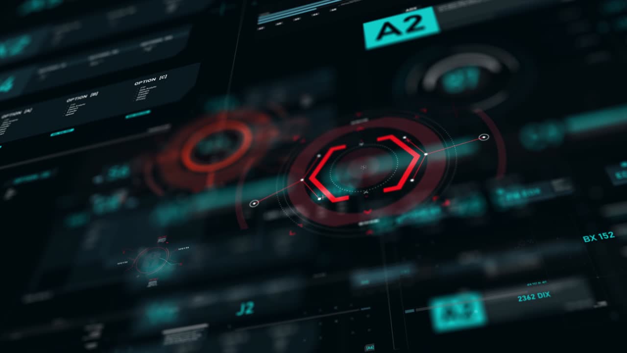 Target pointer and Futuristic user interface HUD GUI digital text number element for cyber technology concept with shallow depth of field dark and grain processed