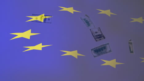 animation of waving eu flag over dollar bills falling grey surface