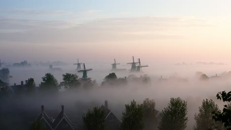 the drone is flying forward towards windmills passing a big tree with lots of mis during sunrise in de zaanse schans the netherlands aerial footage 4k