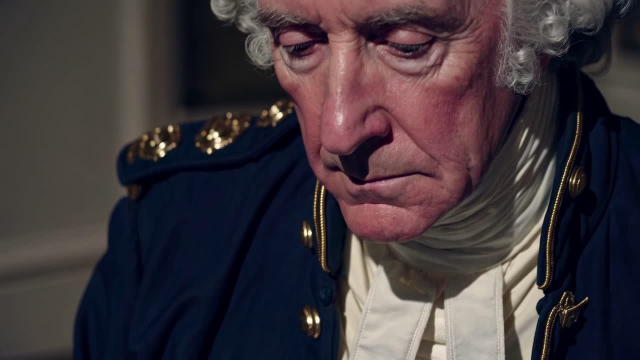 Close-up video still of a historical figure in 18th-century attire, capturing a thoughtful