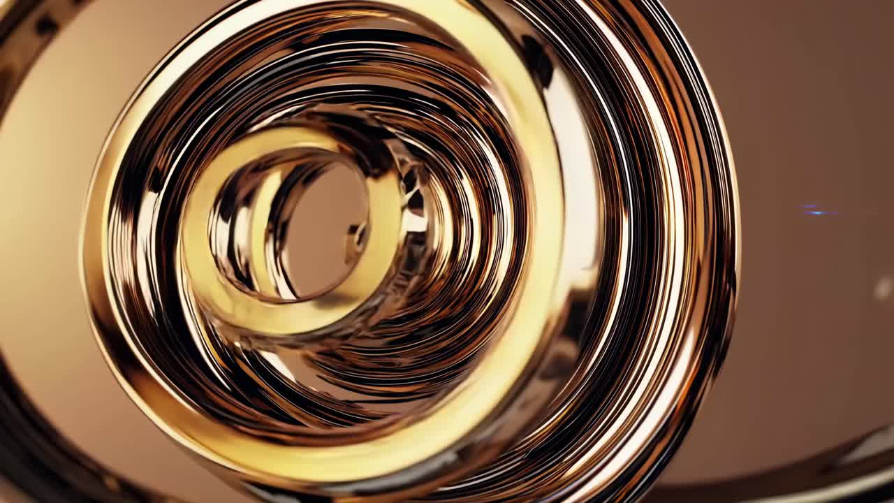 Video astratto con una struttura metallica a spirale in primo piano, con una superficie calda e riflettente